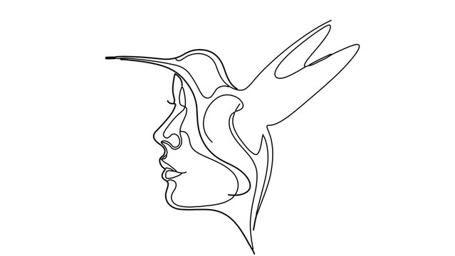 A minimalist line art illustration of a woman's face in profile with a bird emerging from her hair