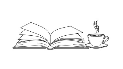 Naklejka premium A minimalist line art illustration of an open book with a steaming cup of coffee on a saucer