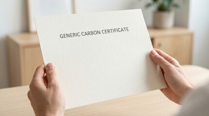 Obraz premium Close-up of hands holding a generic carbon certificate document indoors