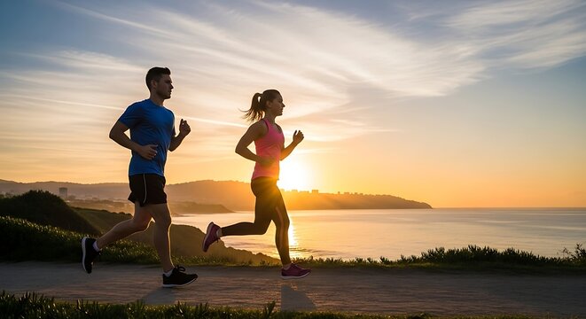 Couple Running Together at Sunset Coast.
