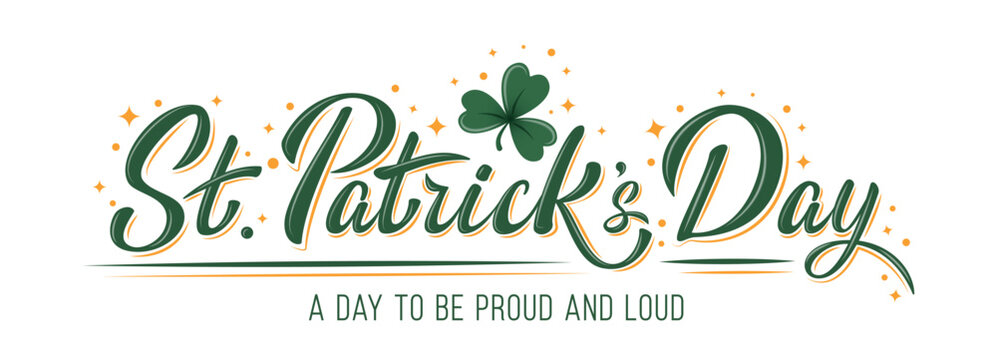 Happy St. Patrick Day lettering poster with green shamrock and orange stars. Irish traditional holiday. Horizontal templae For greeting cart, poster, banner, social media. Isolated vector illustration