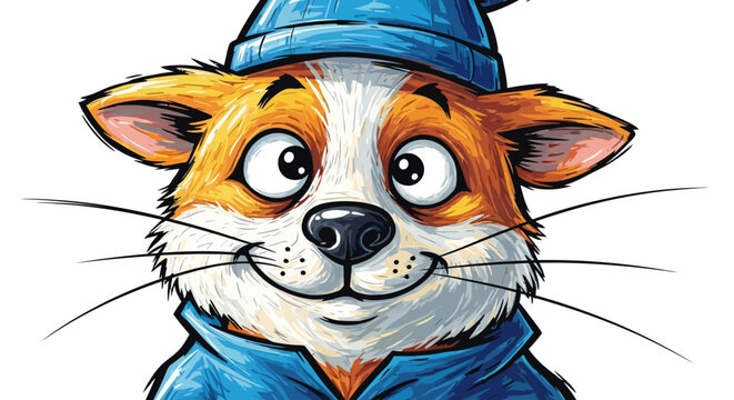Cartoon Cat Wearing Blue Hat Closeup.