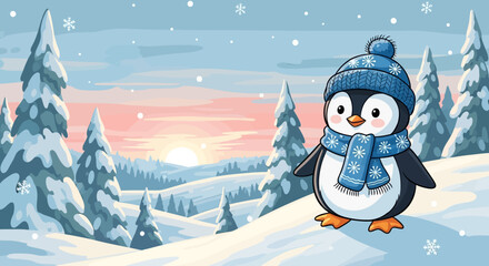 Penguin Wearing Winter Hat and Scarf. © Djiwa