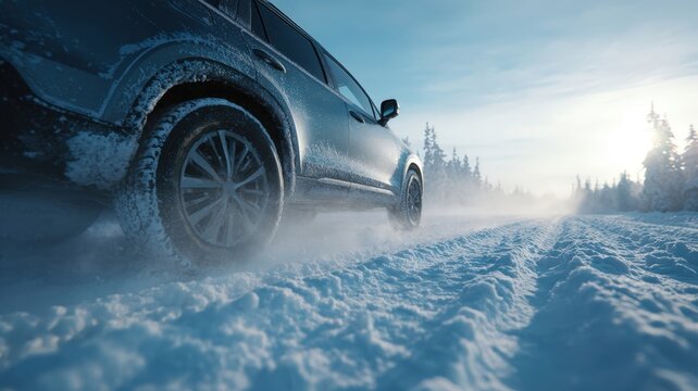 Mid-Size SUV on Icy Road with Snow Spray and Textured Ridges