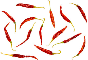 Set dried bird's eye chili peppers isolated on 
transparent background, top view	