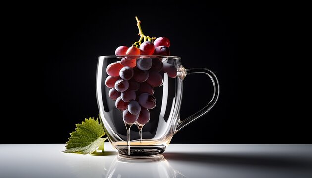 Copa De Cristal Con Uvas Goteando Vino En Ella Goteo De Vino En Copa De Cristal Sobre Fondo Negro Y Superficie Blanca Iluminacion Lateral