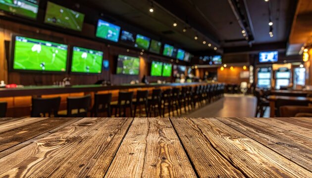 Wooden table in foreground, blurred bar with TVs showing sports in background
