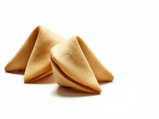 Three fortune cookies with their insides showing on a white background.