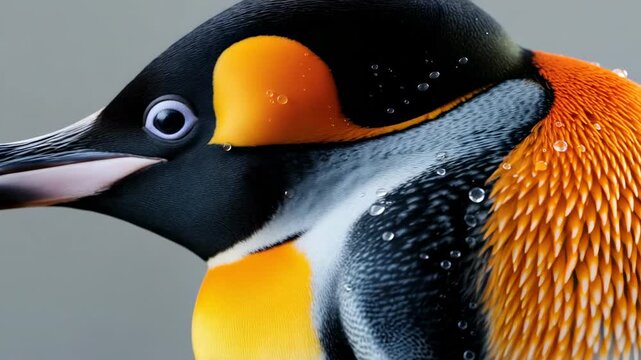Close-up of a king penguin's feathered neck with water droplets