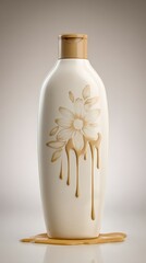 Skincare bottle with a golden floral design featuring liquid dripping down, symbolizing natural ingredients, gentle care, and a luxurious feel for beauty and wellness