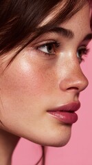Naklejka premium Young woman with a healthy, glowing complexion highlighting natural freckles and a minimalist makeup look, showcasing authentic skin and a focus on wellness and self care