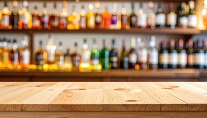 Textured wooden counter in front of a blurred bar with many liquor bottles