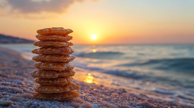 A stack of cookies on a serene beach at sunset with a calm ocean