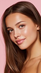 Fototapeta premium Young woman with natural looking makeup and luminous skin smiling, highlighting beauty, wellness, youthfulness, and fresh complexion for skincare marketing