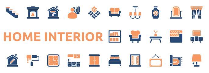 Home Interior icon set two color style with sofa, ceiling lamp, vase, mirror, curtain, bookshelf, chair, table, wallpaper, tv table, bed icons