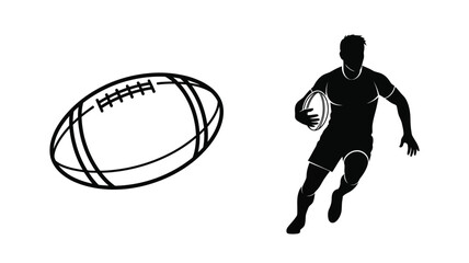 Rugby player running with ball in dynamic black silhouette