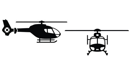 Two views of a helicopter side and front in black silhouette