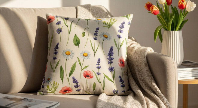 Decorative pillow with floral pattern on cozy sofa in spring decor  