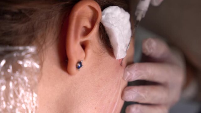 Vertical video of professional doctor using a long medical cannula for facial filler injections and skin rejuvenation treatment on a female patient in aesthetic clinic