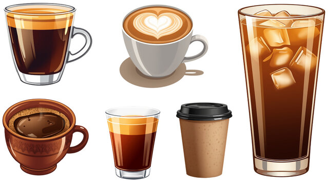 Transparent glass of beer with assorted coffee cups and mugs filled with hot tea and espresso beverage set for cafe menu isolated transparent background, editable vector artwork ai illustration file,