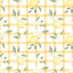 Watercolor checkered pattern. Watercolor texture. Checkered background. Home textile. Print for fabric.	Watercolor pattern. Citrus. Greece. Spain. Santorini. Texture. Juicy pattern. Lemon.Home textile