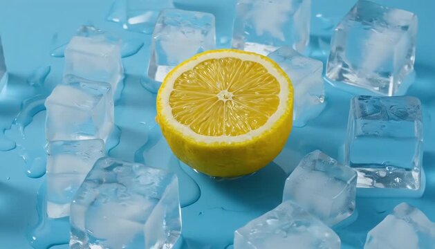 A halved lemon rests amongst melting ice cubes on a vibrant blue surface