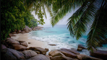 Tropical Paradise with Lush Palm Fronds and Turquoise Waves