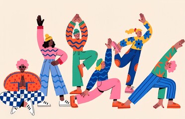 Yoga for seniors in a colorful illustration with diverse poses and cheerful expressions