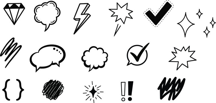 Collection of comic book style graphic design elements and symbols