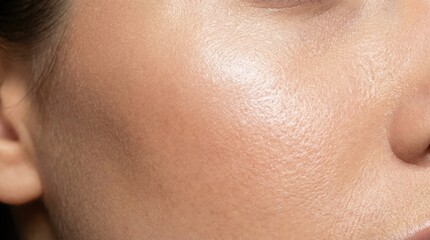 Closeup of human skin texture showing pores, oiliness, and fine lines on cheek