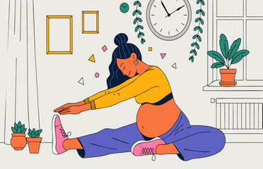 Pregnant woman doing yoga exercises for relaxation in a bright indoor setting