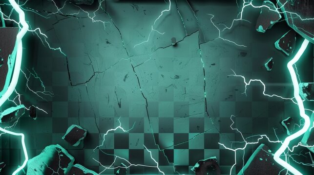 A green background with a lightning bolt and a black and white checkered pattern. Scene is intense and dramatic