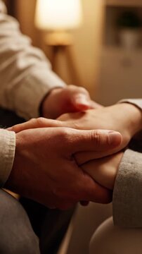 Close-up of two people holding hands in a comforting gesture.