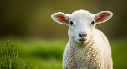 Fototapeta premium Adorable white lamb in a green pasture with nature animals