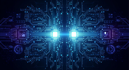 Fototapeta premium Abstract futuristic circuit board with glowing blue lights and intricate connections.