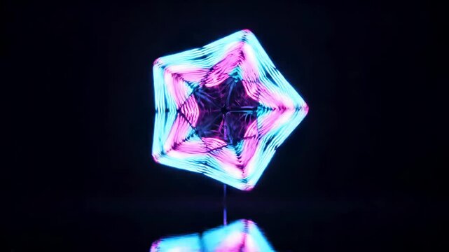 Glowing neon star shape on stick with reflection on dark background for technology concepts