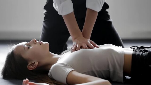 Person performing chest compressions on an unresponsive woman for resuscitation procedure