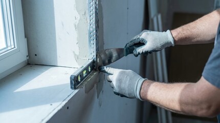 Caucasian adult male construction worker installing drywall with level and trowel in sunlit room corner