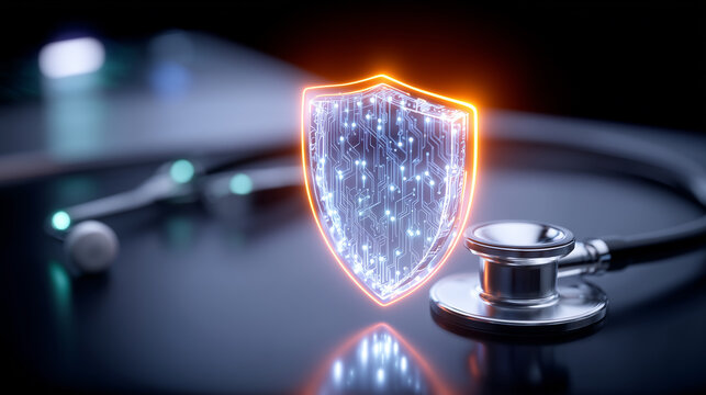 Glowing digital shield and stethoscope representing healthcare cybersecurity and patient data protection concept.
