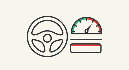 Obraz premium Steering Wheel and Dashboard Controls Illustration with Speedometer Gauge and Fuel Level Indicator