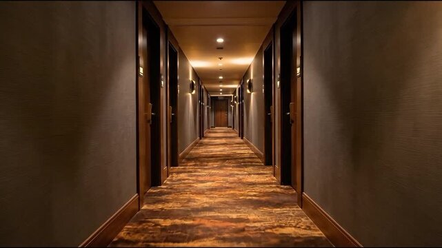 Long illuminated hotel hallway with multiple closed doors and patterned carpet, suitable for hospitality marketing, interior design, travel promotion, and background visuals.