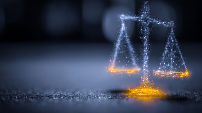 Digital scales of justice hologram symbolizing legal compliance, fair regulation, ethics, and corporate governance concept.
