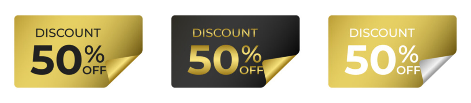 Luxury gold and black discount stickers with curled corners for 50 percent off retail sale promotions