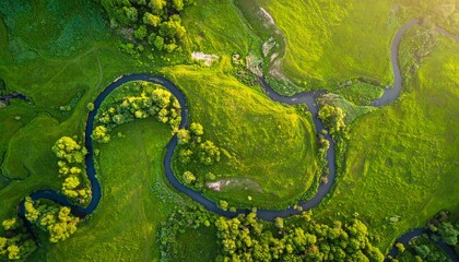 Serpentine River Meandering Through a Lush Green Valley Bathed in Golden Sunlight