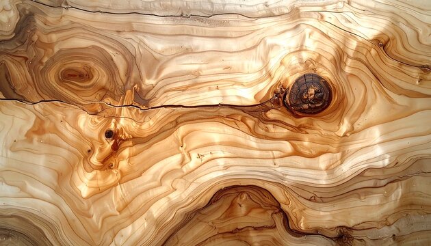 Light-colored wooden surface with intricate patterns, featuring knots and swirling grain, illuminated by soft light