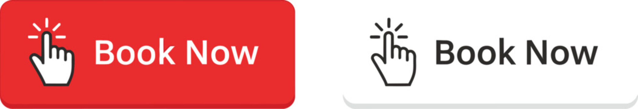 Two red and white rectangular buttons with book now text and hand cursor icons on transparent background silhouette high quality professional