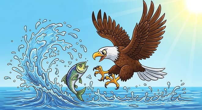 Eagle Catching Fish in Ocean Water.