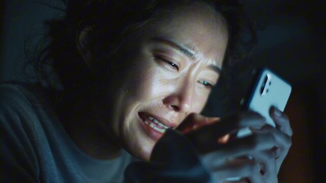 A stressed Asian woman, late night, looking her smartphone screen worried tearful expression, dimly lit room only smartphone's glow her face. Close-up shot emotional tension anxiety personal distress