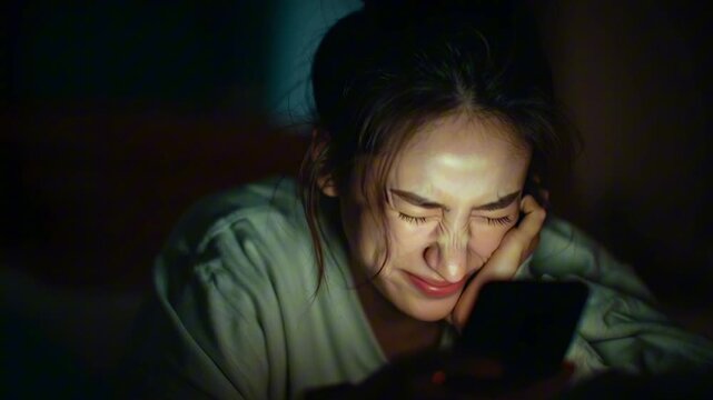 A stressed Asian woman, late night, looking her smartphone screen worried tearful expression, dimly lit room only smartphone's glow her face. Close-up shot emotional tension anxiety personal distress