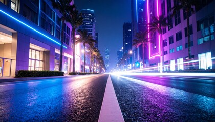 Obraz premium Futuristic Urban Canyon: A Low-Angle View of a Neon-Lit Street with Light Trails